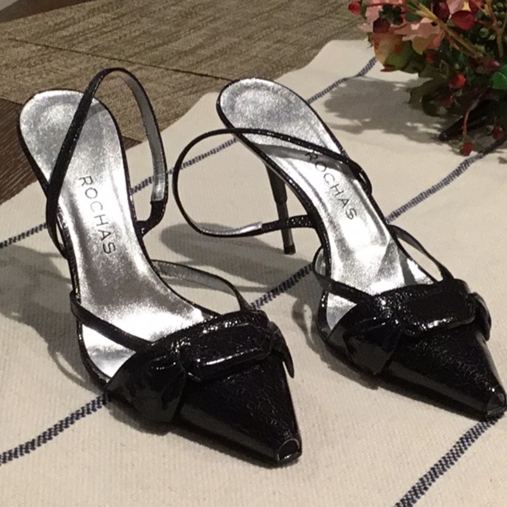 Rochas Black Leather Sling Back Pump